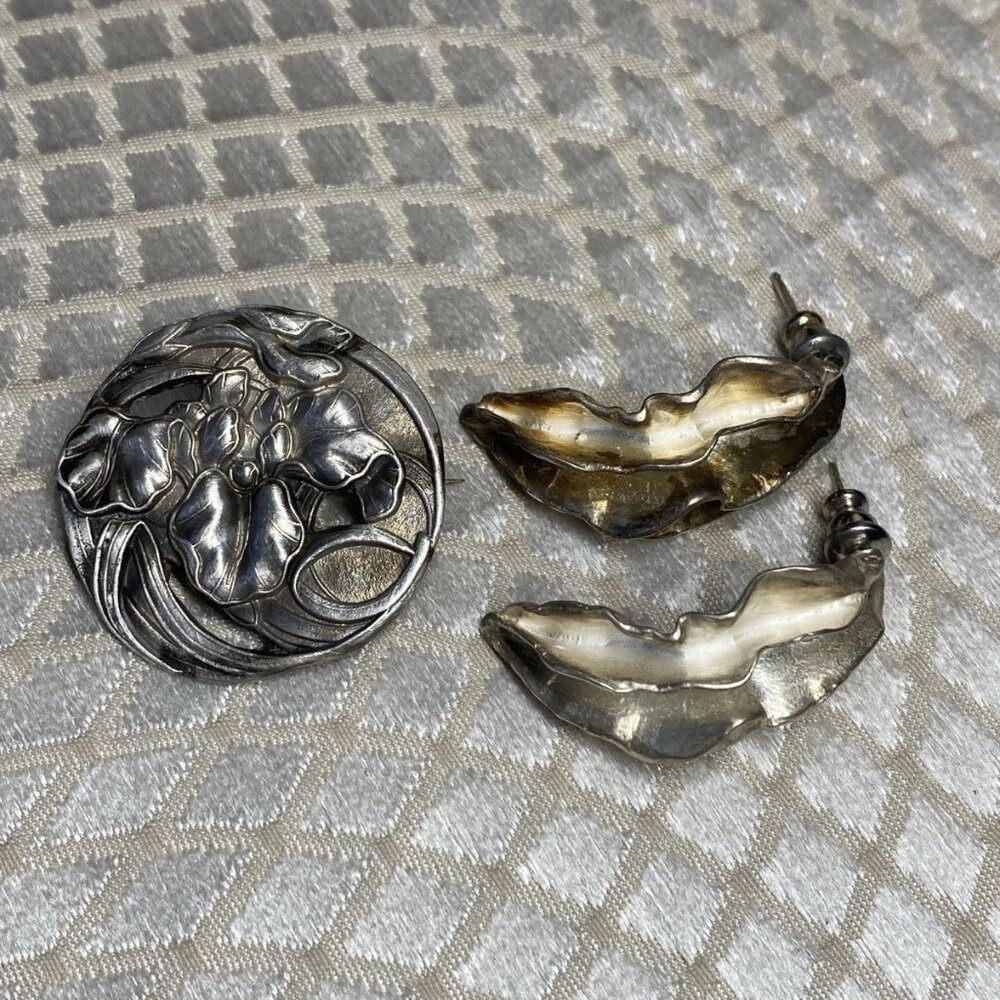 Antique Art Nouveau Silver Brooch & Earrings Set c.1900 Acid Tested
